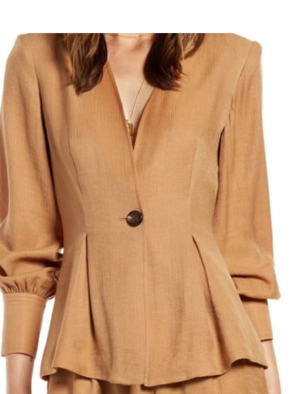 Something Navy Light Brown One-Button Crinkled Peplum Blazer Wear to Work XS